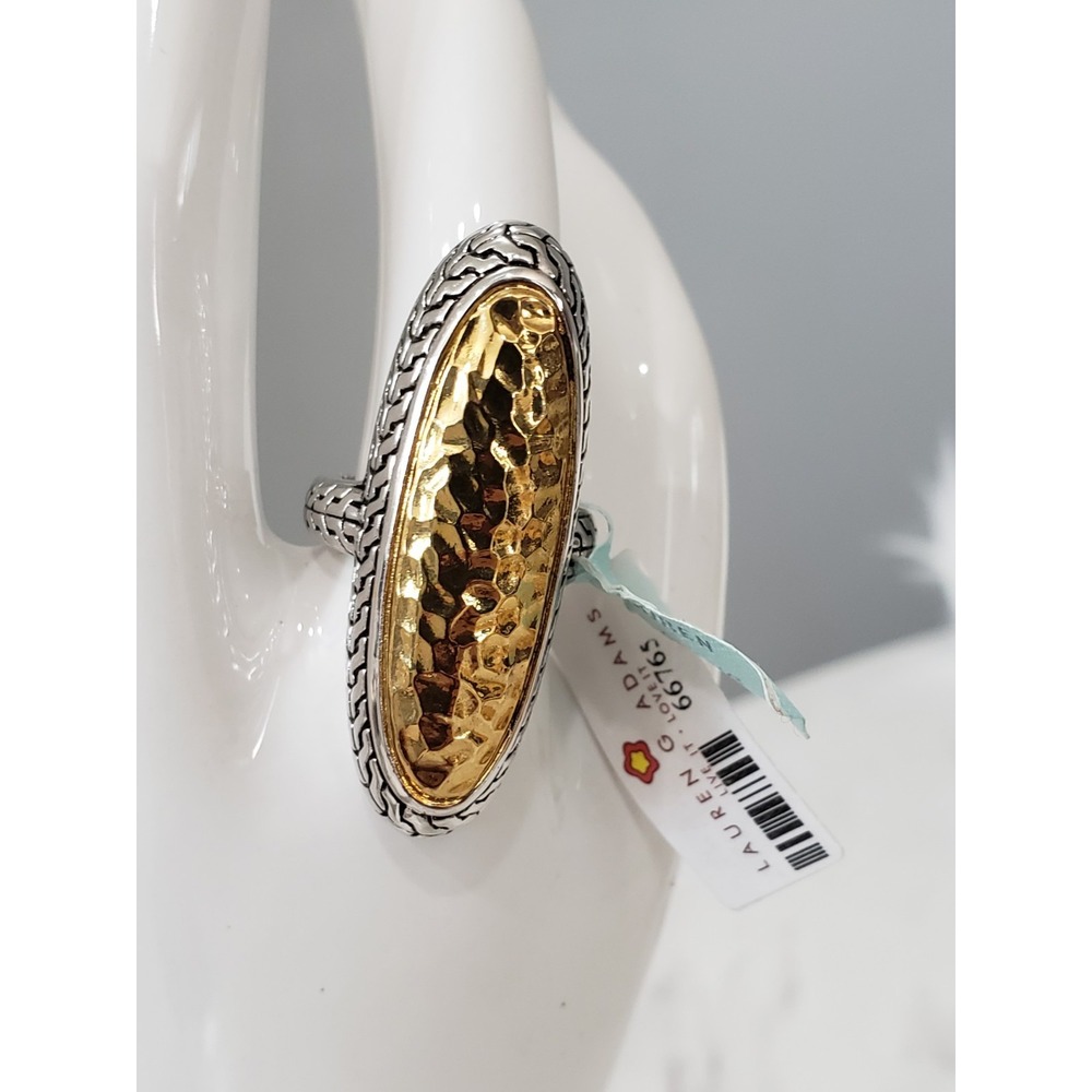 Gold Silver Two Tone Hammered Oval Ring Brutalist Industrial Renaissance Gothic